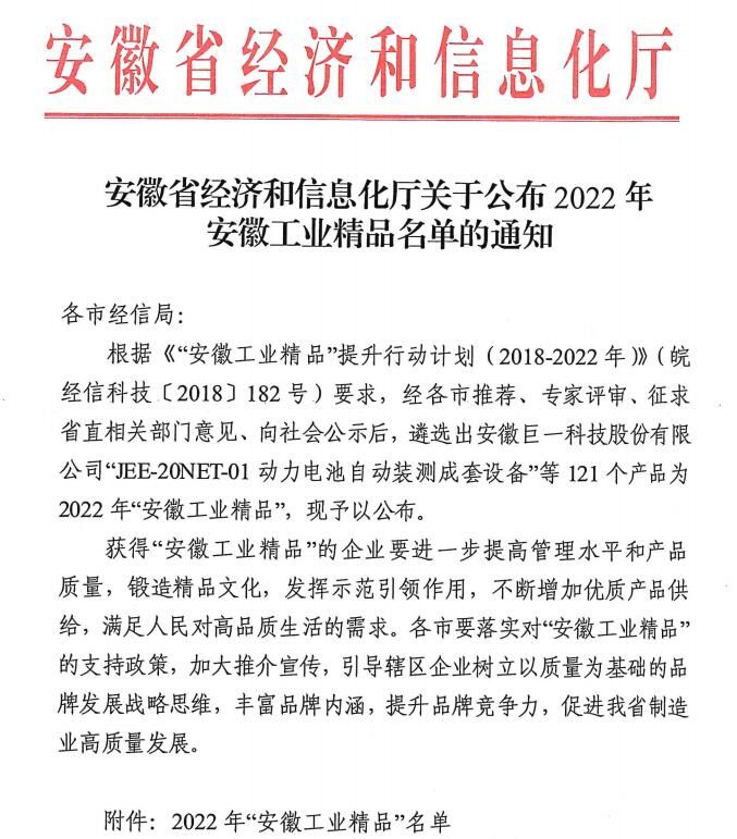 喜報:“2022年度安徽省工業精品” 榜上有名